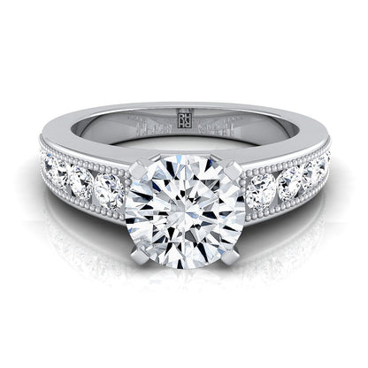 18K White Gold Round Brilliant Diamond Antique Milgrain Bead and Channel Set Engagement Ring -1/2ctw