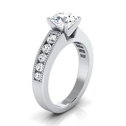 14K White Gold Round Brilliant Diamond Antique Milgrain Bead and Channel Set Engagement Ring -1/2ctw