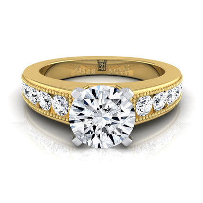 18K Yellow Gold Round Brilliant Diamond Antique Milgrain Bead and Channel Set Engagement Ring -1/2ctw