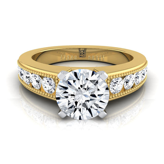 14K Yellow Gold Round Brilliant Diamond Antique Milgrain Bead and Channel Set Engagement Ring -1/2ctw