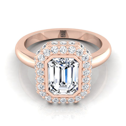 14K Rose Gold Emerald Cut Bezel Pave 3D Halo Solitaire Engagement Ring