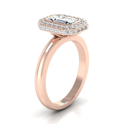 14K Rose Gold Emerald Cut Bezel Pave 3D Halo Solitaire Engagement Ring