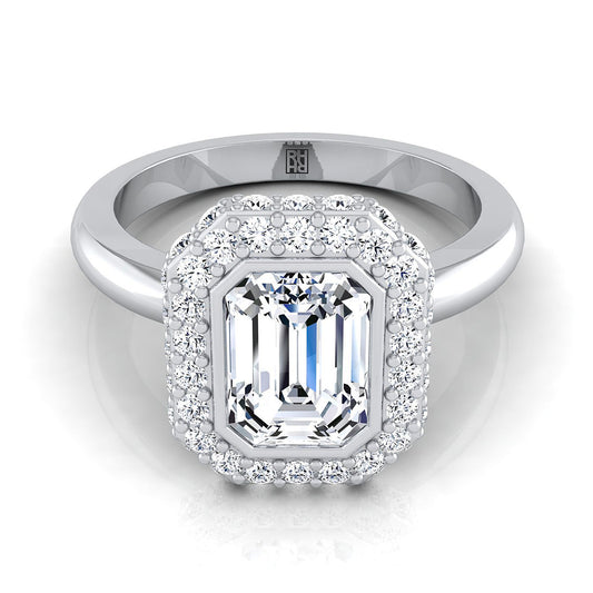 14K White Gold Emerald Cut Bezel Pave 3D Halo Solitaire Engagement Ring