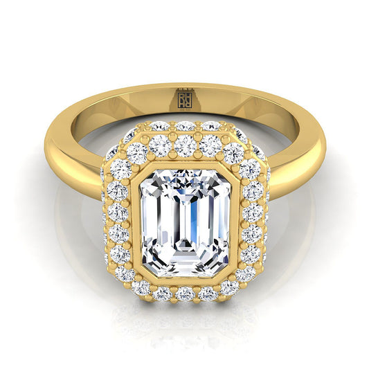 14K Yellow Gold Emerald Cut Bezel Pave 3D Halo Solitaire Engagement Ring