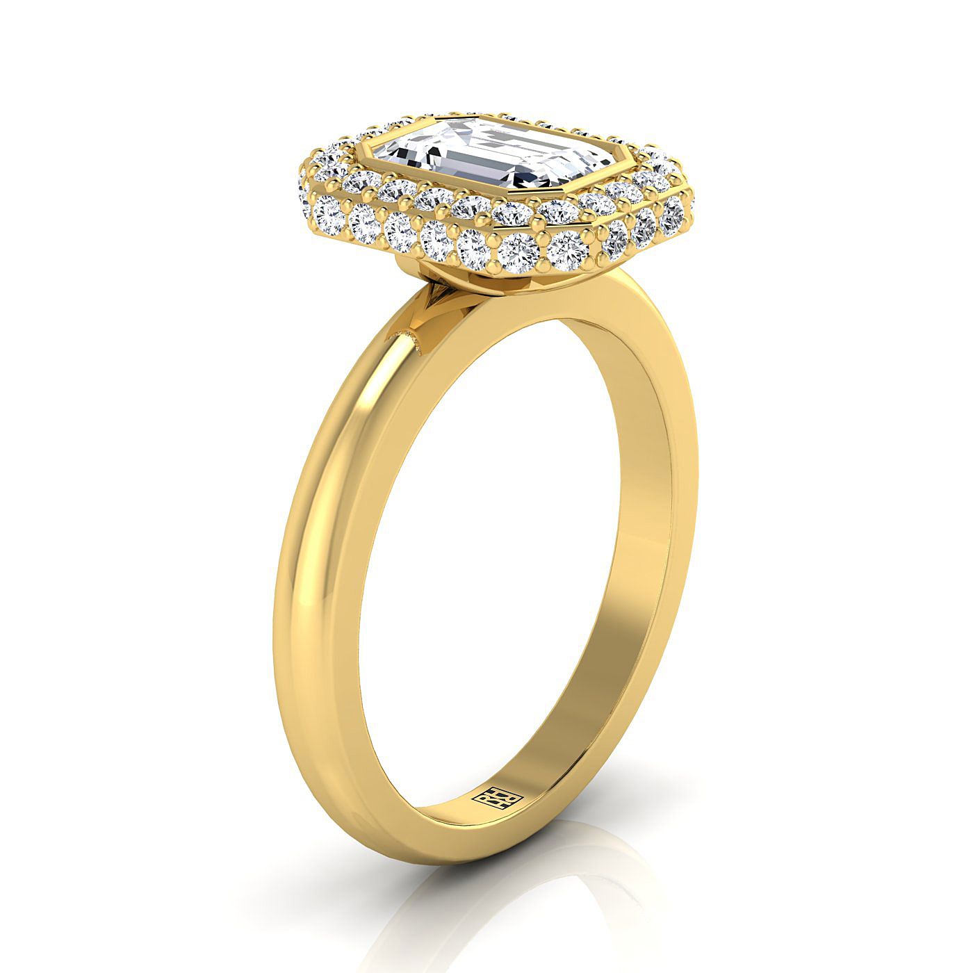 14K Yellow Gold Emerald Cut Bezel Pave 3D Halo Solitaire Engagement Ring