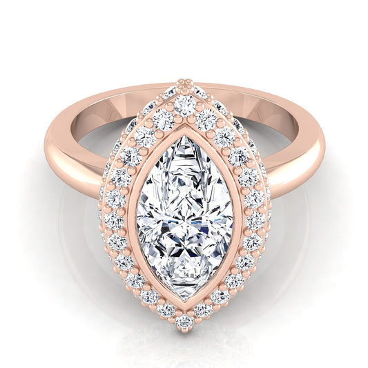 14K Rose Gold Marquise  Bezel Pave 3D Halo Solitaire Engagement Ring