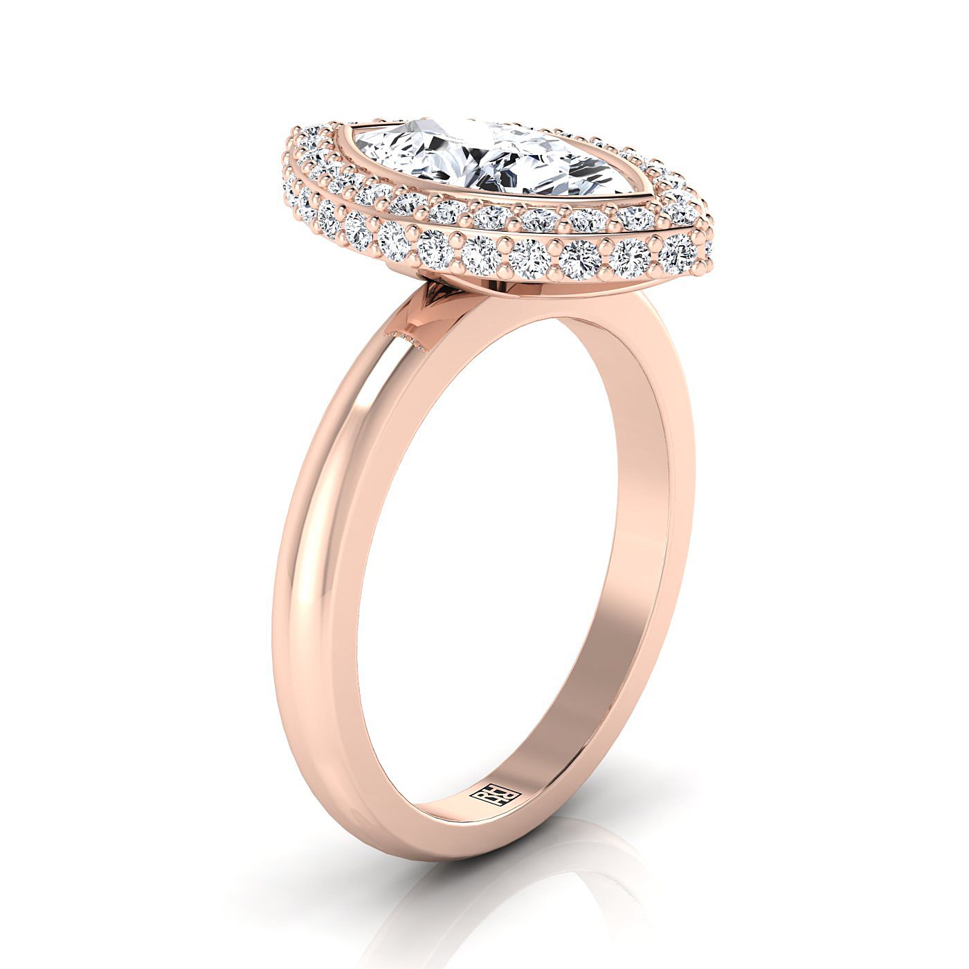 14K Rose Gold Marquise  Bezel Pave 3D Halo Solitaire Engagement Ring