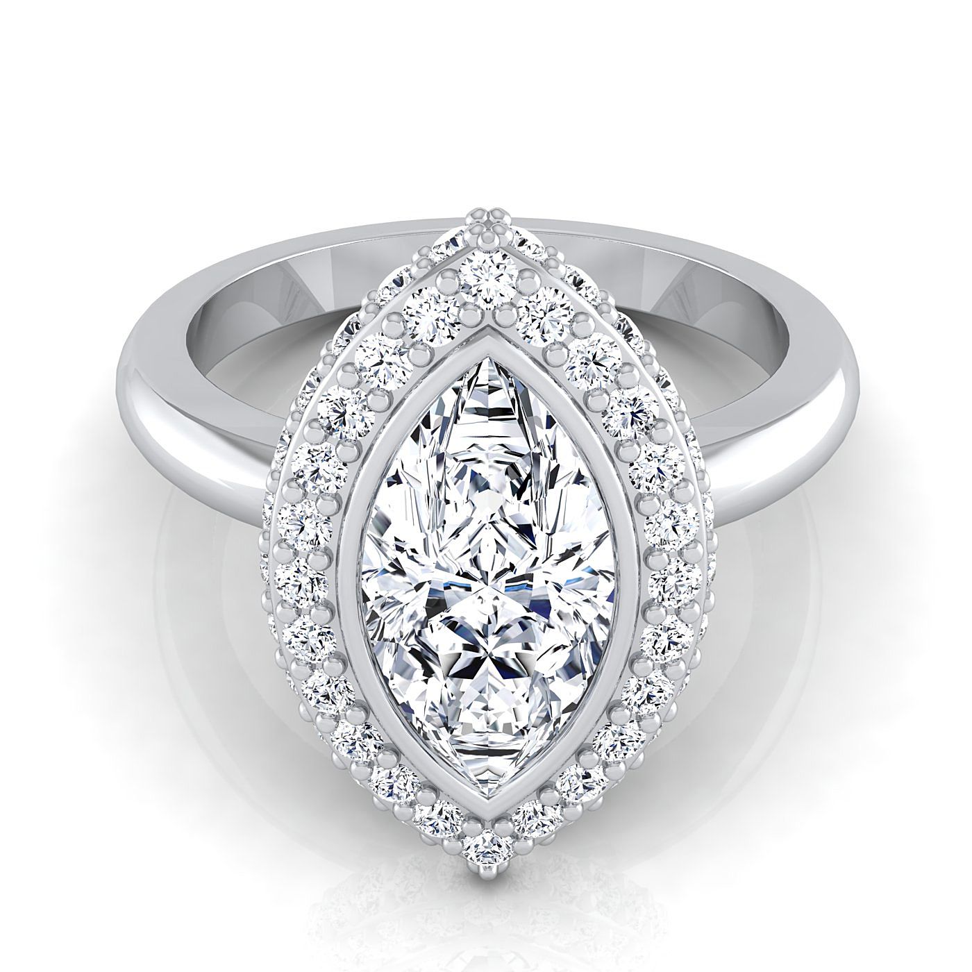 14K White Gold Marquise  Bezel Pave 3D Halo Solitaire Engagement Ring