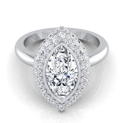 14K White Gold Marquise  Bezel Pave 3D Halo Solitaire Engagement Ring