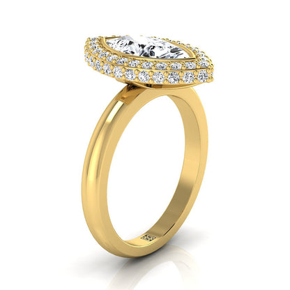 14K Yellow Gold Marquise  Bezel Pave 3D Halo Solitaire Engagement Ring