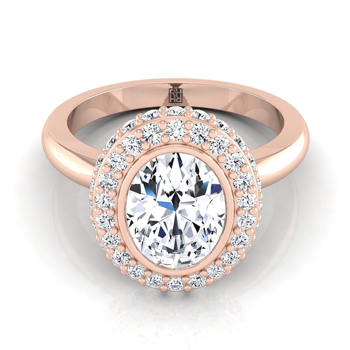 14K Rose Gold Oval Bezel Pave 3D Halo Solitaire Engagement Ring