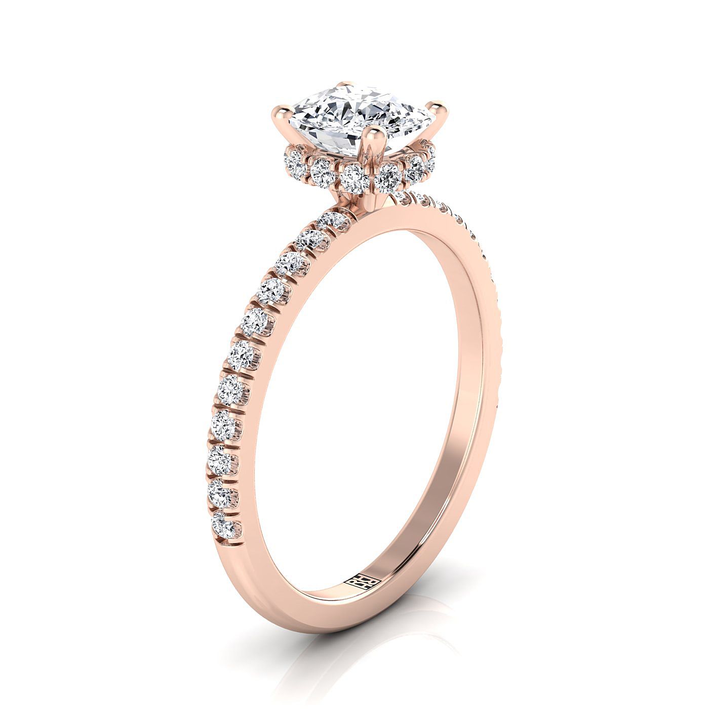 14K Rose Gold Cushion Diamond Secret Diamond Halo French Pave Solitaire Engagement Ring -1/3ctw