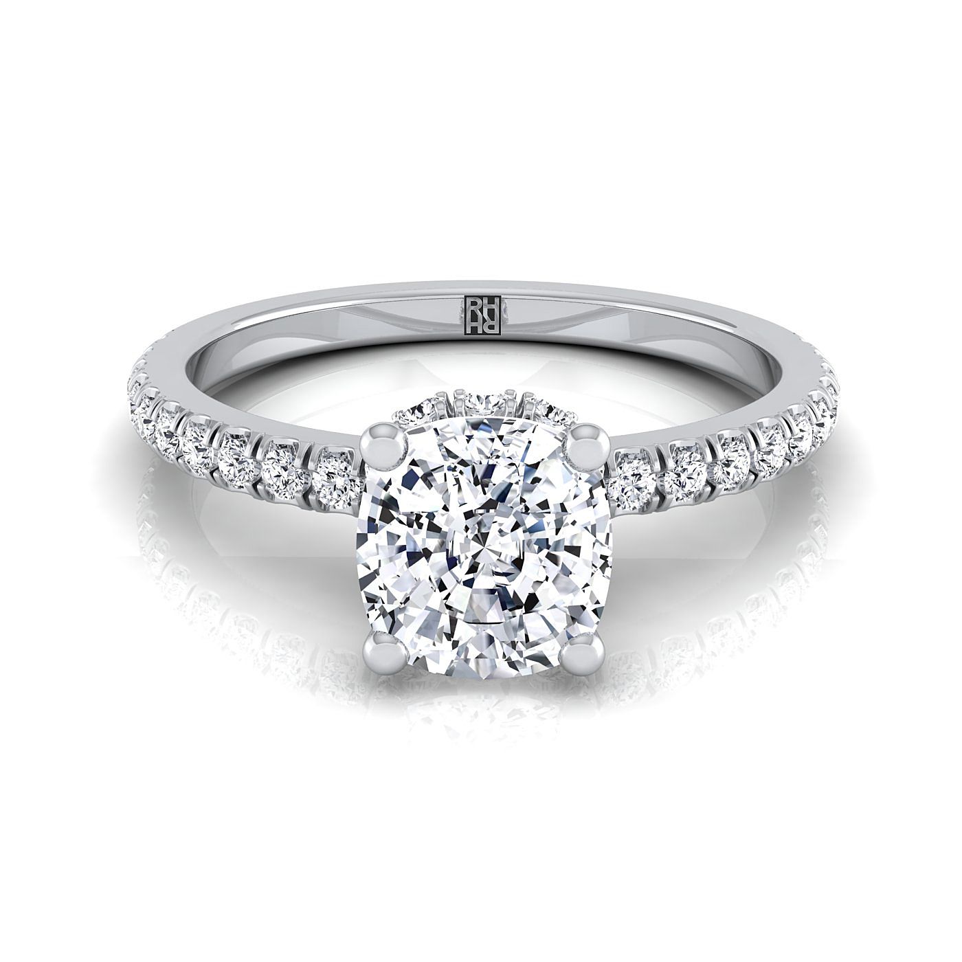 18K White Gold Cushion Diamond Secret Diamond Halo French Pave Solitaire Engagement Ring -1/3ctw