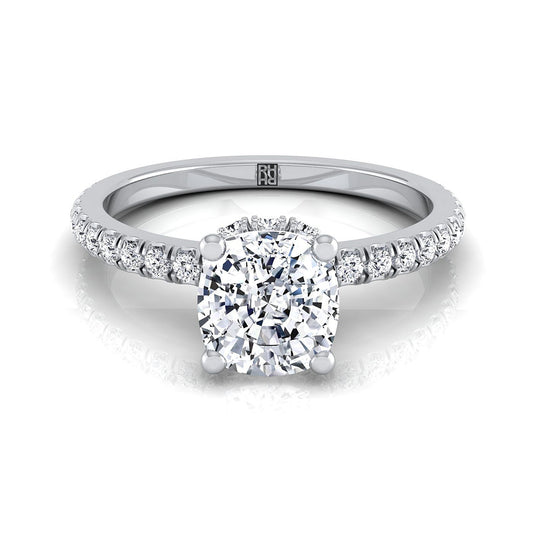 14K White Gold Cushion Diamond Secret Diamond Halo French Pave Solitaire Engagement Ring -1/3ctw