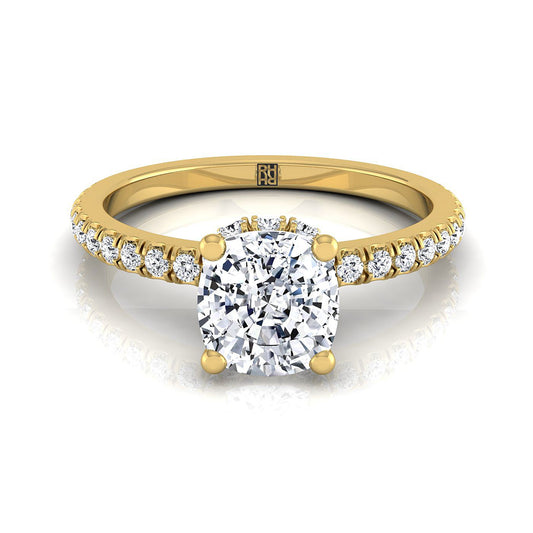 18K Yellow Gold Cushion Diamond Secret Diamond Halo French Pave Solitaire Engagement Ring -1/3ctw