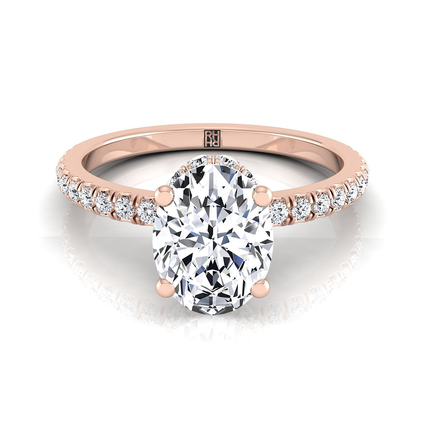 14K Rose Gold Oval Diamond Secret Diamond Halo French Pave Solitaire Engagement Ring -1/3ctw