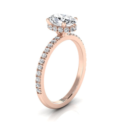 14K Rose Gold Oval Pink Sapphire Secret Diamond Halo French Pave Solitaire Engagement Ring -1/3ctw