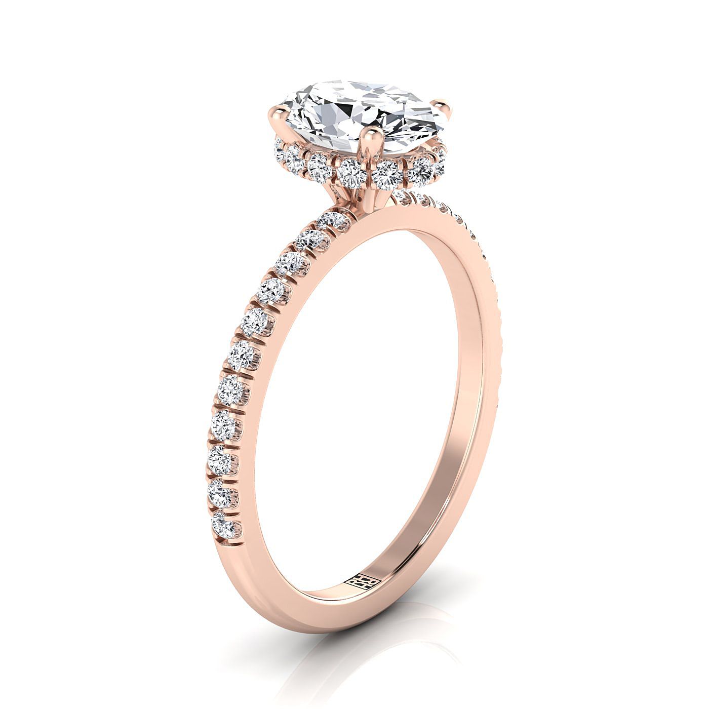 14K Rose Gold Oval Morganite Secret Diamond Halo French Pave Solitaire Engagement Ring -1/3ctw