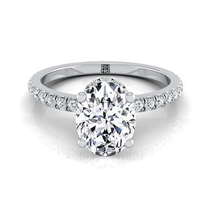 14K White Gold Oval Diamond Secret Diamond Halo French Pave Solitaire Engagement Ring -1/3ctw