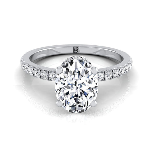 14K White Gold Oval Diamond Secret Diamond Halo French Pave Solitaire Engagement Ring -1/3ctw