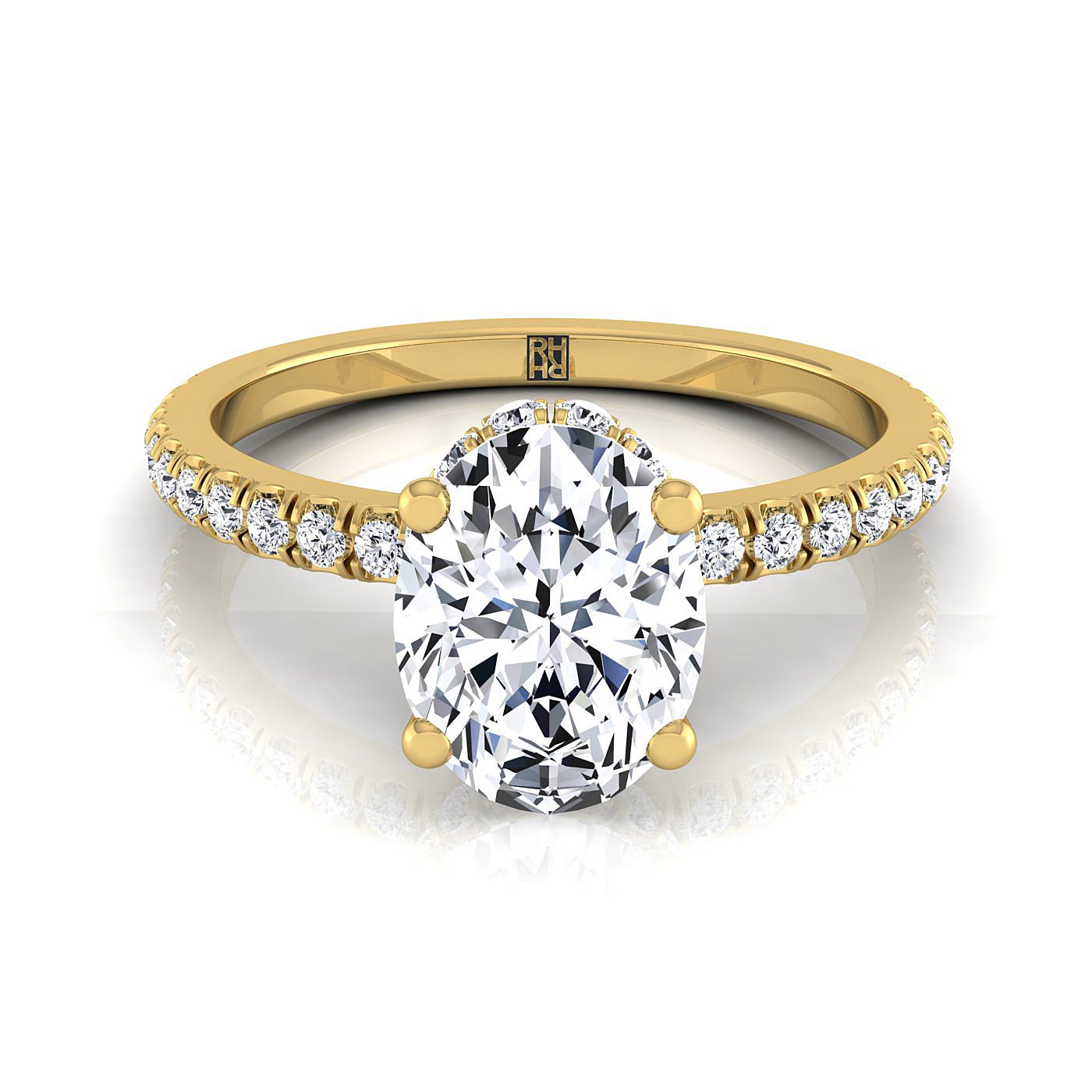 18K Yellow Gold Oval Diamond Secret Diamond Halo French Pave Solitaire Engagement Ring -1/3ctw