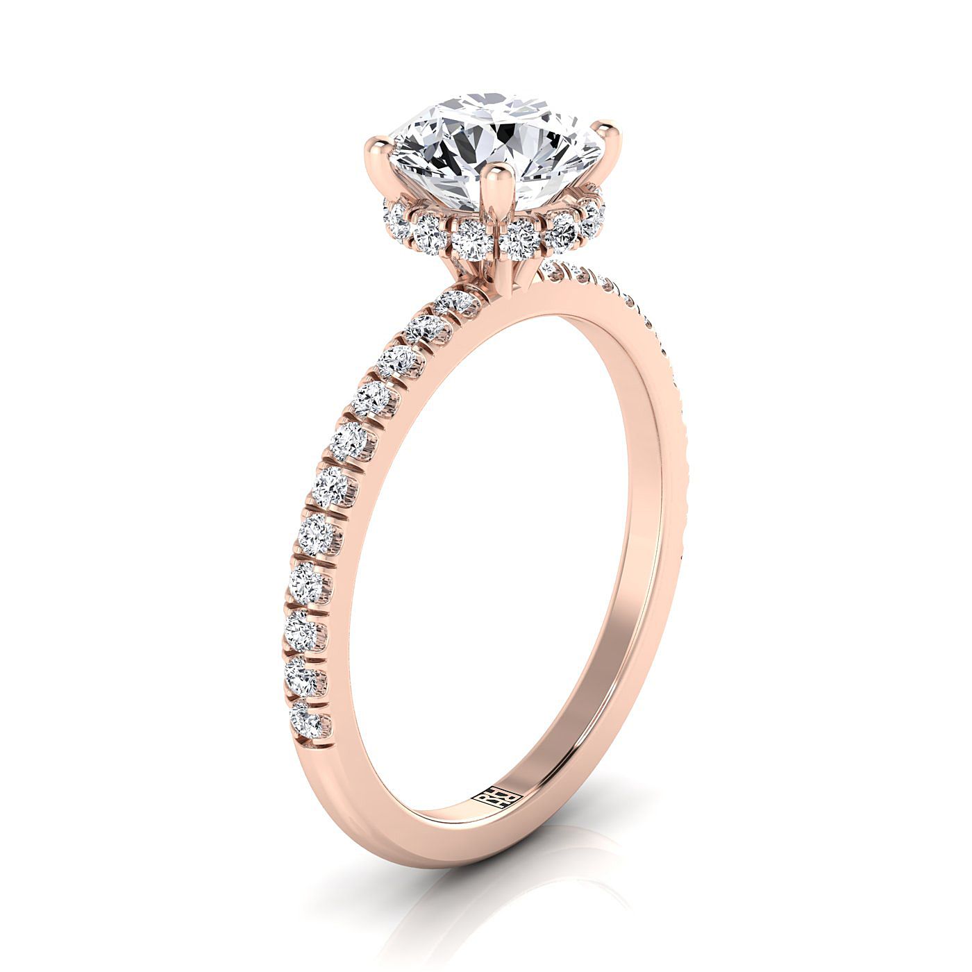 14K Rose Gold Round Brilliant Diamond Secret Diamond Halo French Pave Solitaire Engagement Ring -1/3ctw