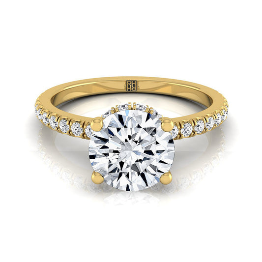 18K Yellow Gold Round Brilliant Diamond Secret Diamond Halo French Pave Solitaire Engagement Ring -1/3ctw