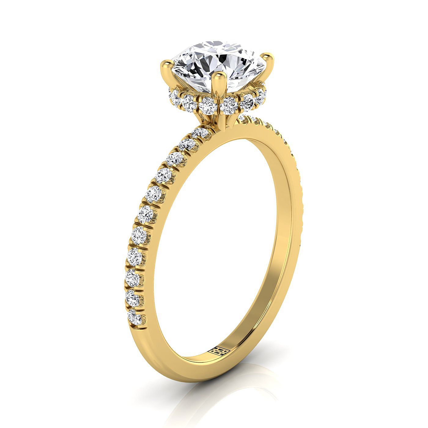 18K Yellow Gold Round Brilliant Diamond Secret Diamond Halo French Pave Solitaire Engagement Ring -1/3ctw