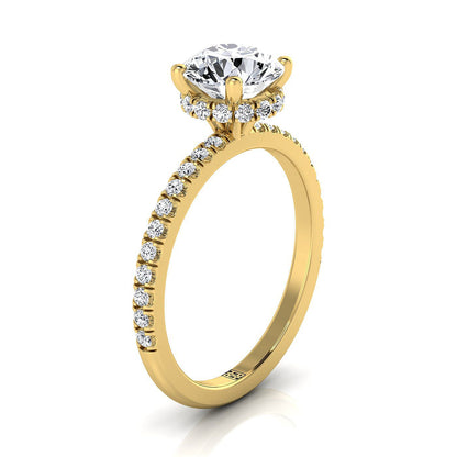 18K Yellow Gold Round Brilliant Aquamarine Secret Diamond Halo French Pave Solitaire Engagement Ring -1/3ctw