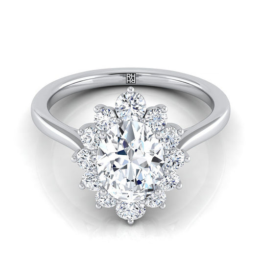 18K White Gold Oval Diamond Floral Halo Engagement Ring -1/2ctw