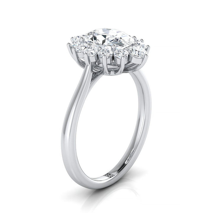 18K White Gold Oval Emerald Floral Diamond Halo Engagement Ring -1/2ctw