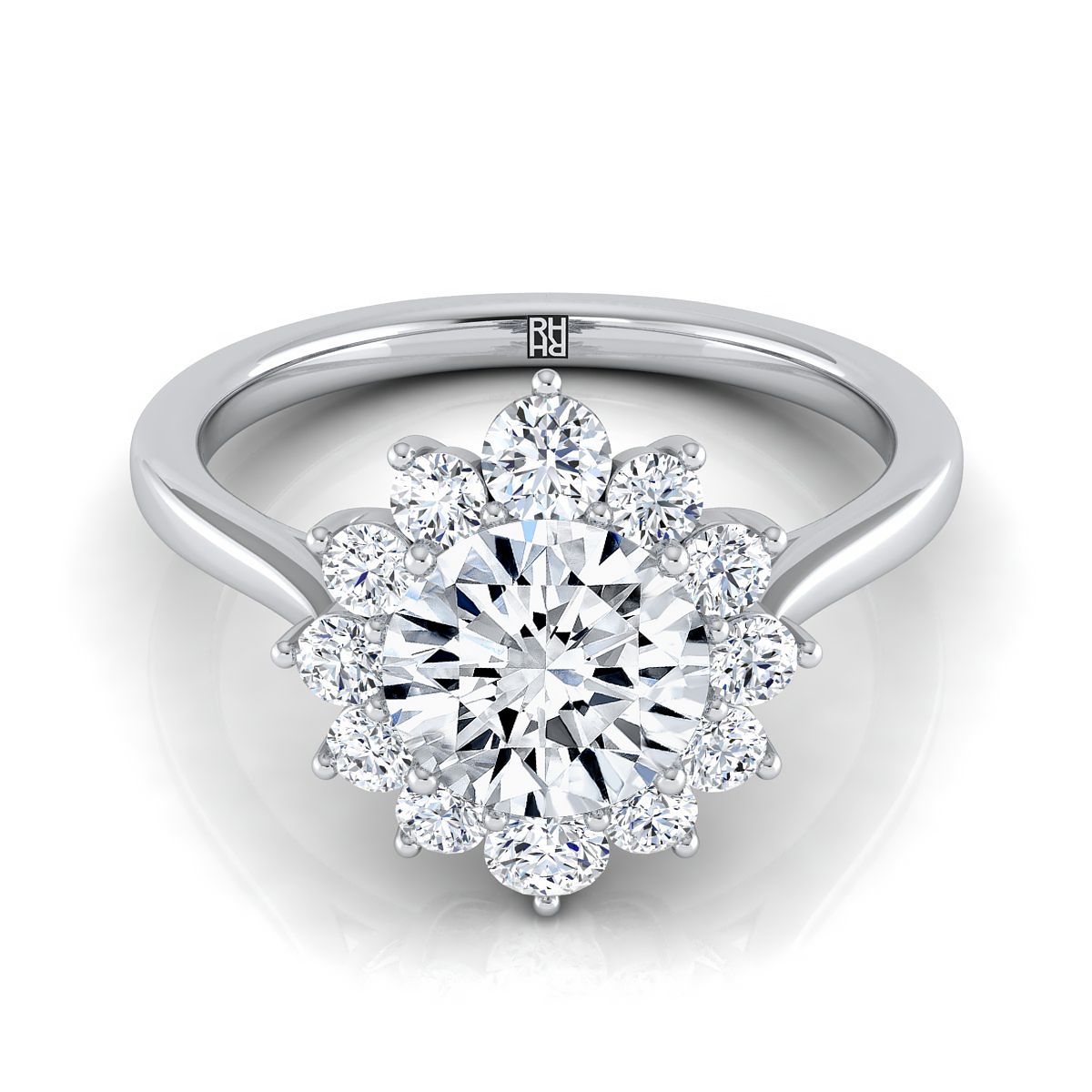 Platinum Round Brilliant Diamond Floral Halo Engagement Ring -1/2ctw