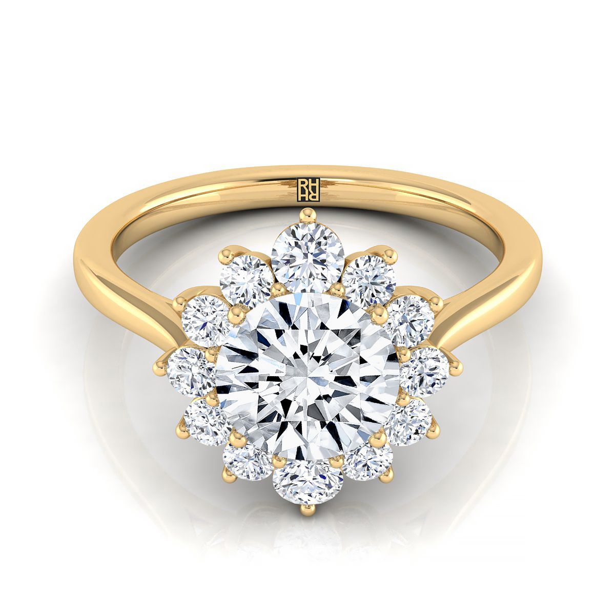 18K Yellow Gold Round Brilliant Diamond Floral Halo Engagement Ring -1/2ctw