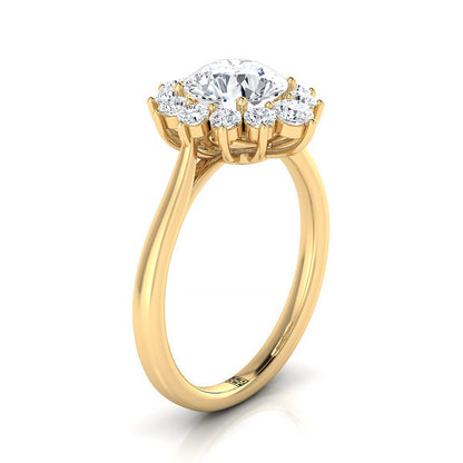 18K Yellow Gold Round Brilliant Diamond Floral Halo Engagement Ring -1/2ctw