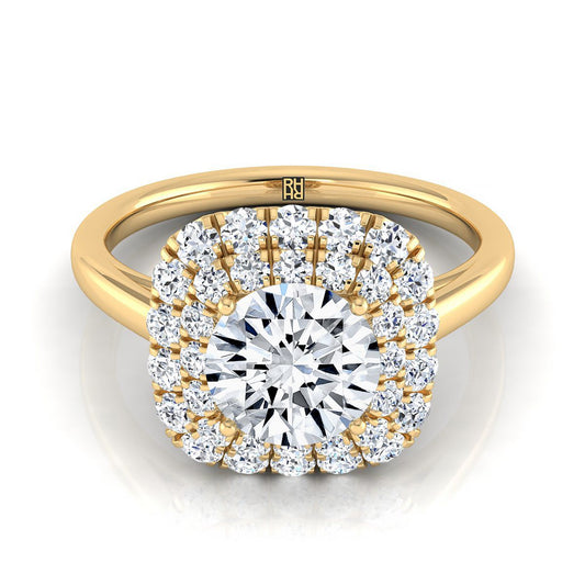 18K Yellow Gold Round Brilliant Diamond Stair Step Double Halo Engagement Ring -5/8ctw