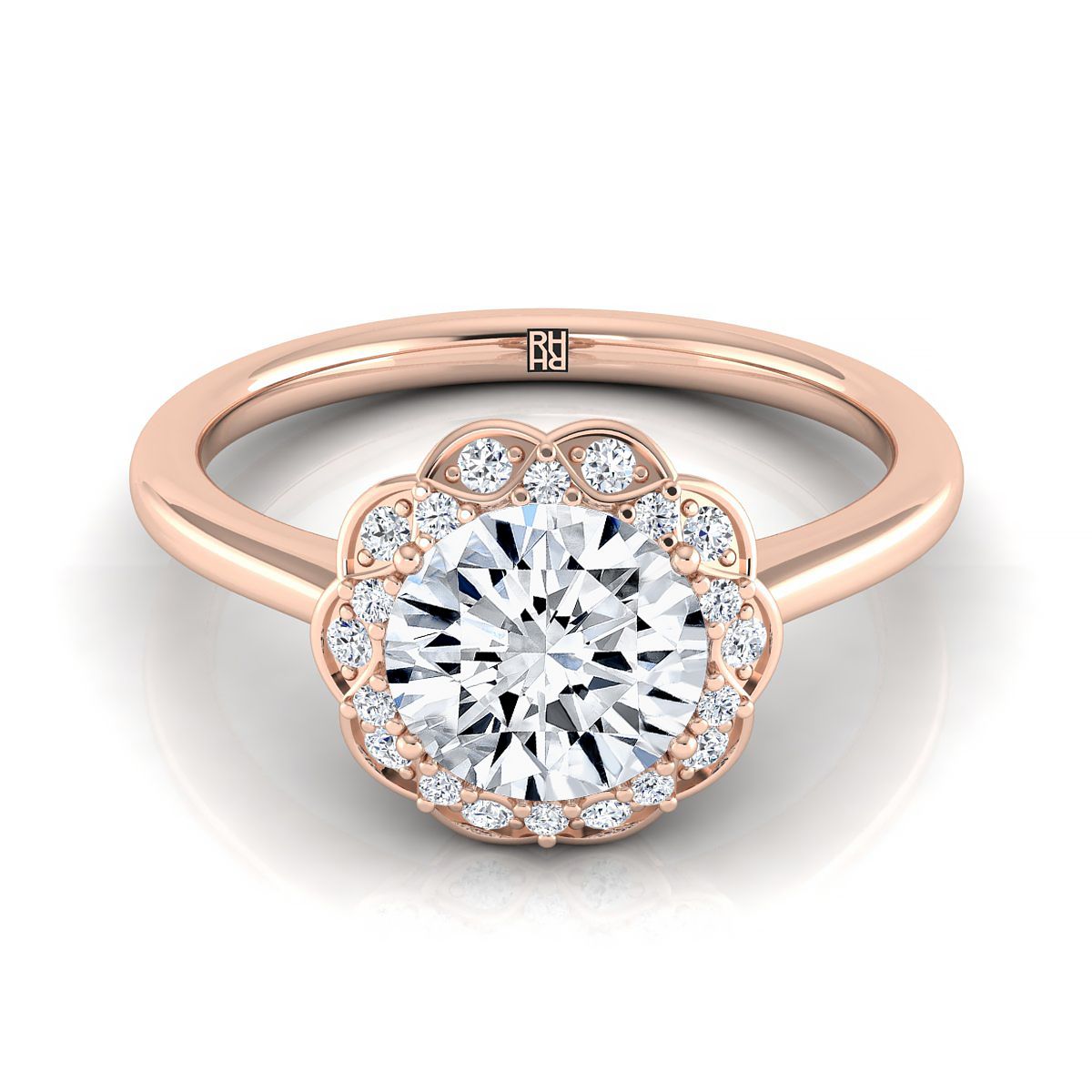 14K Rose Gold Round Brilliant Diamond Lotus Flower Halo Engagement Ring -1/10ctw