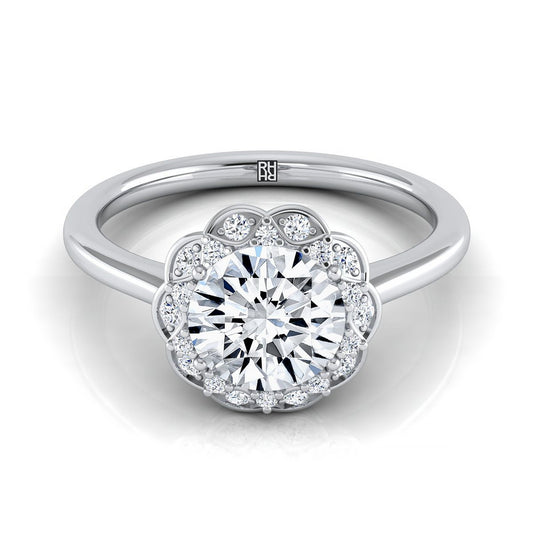18K White Gold Round Brilliant Diamond Lotus Flower Halo Engagement Ring -1/10ctw