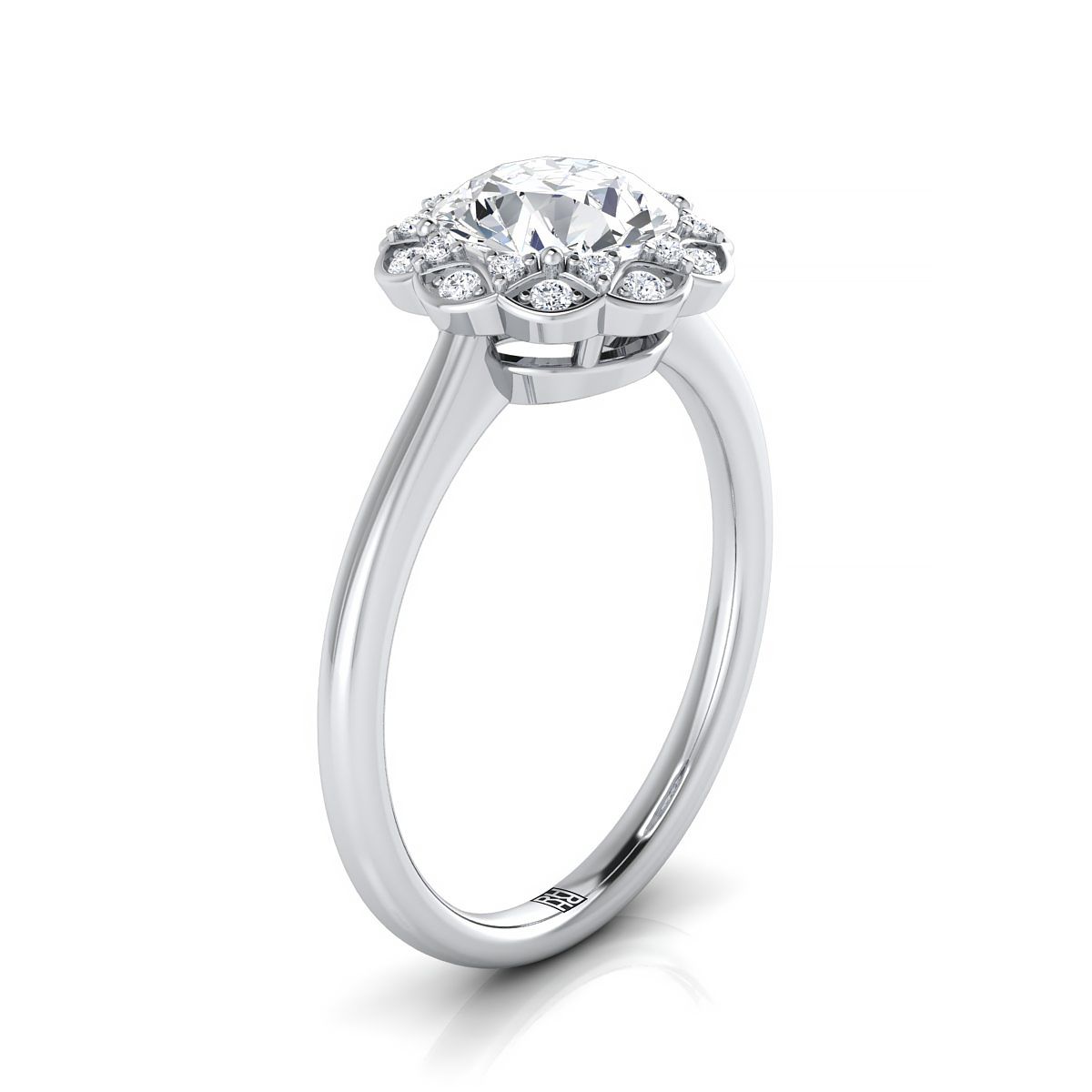 14K White Gold Round Brilliant Diamond Lotus Flower Halo Engagement Ring -1/10ctw