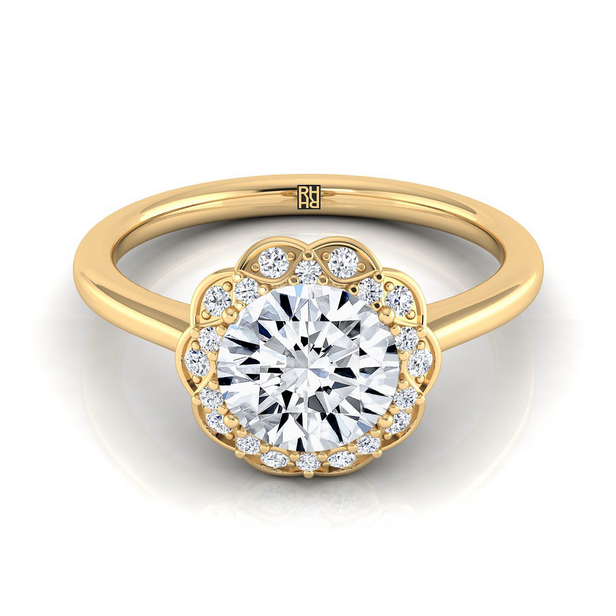 18K Yellow Gold Round Brilliant Diamond Lotus Flower Halo Engagement Ring -1/10ctw