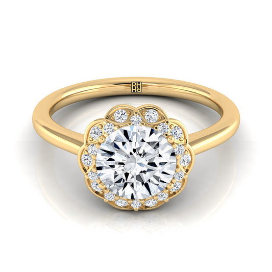 14K Yellow Gold Round Brilliant Diamond Lotus Flower Halo Engagement Ring -1/10ctw
