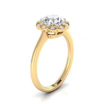 18K Yellow Gold Round Brilliant Diamond Lotus Flower Halo Engagement Ring -1/10ctw