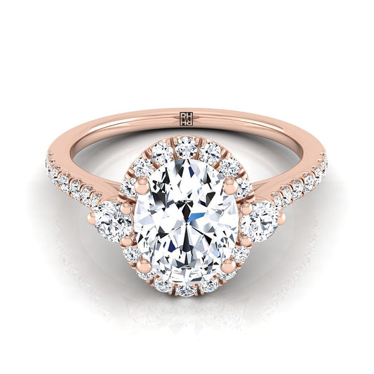 14K Rose Gold Oval Diamond Three Stone Delicate Halo Engagement Ring -1/3ctw