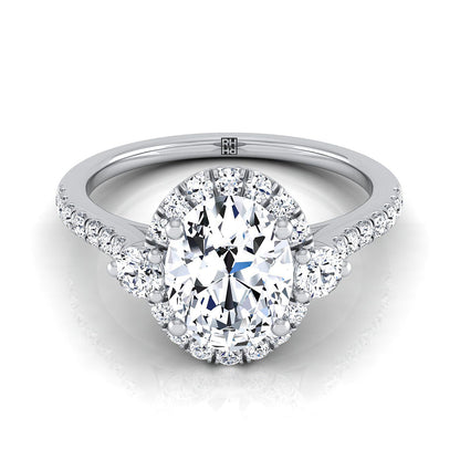 14K White Gold Oval Diamond Three Stone Delicate Halo Engagement Ring -1/3ctw
