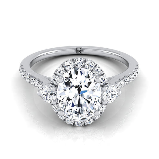 18K White Gold Oval Diamond Three Stone Delicate Halo Engagement Ring -1/3ctw