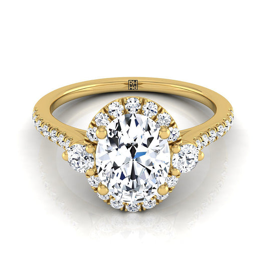 18K Yellow Gold Oval Diamond Three Stone Delicate Halo Engagement Ring -1/3ctw