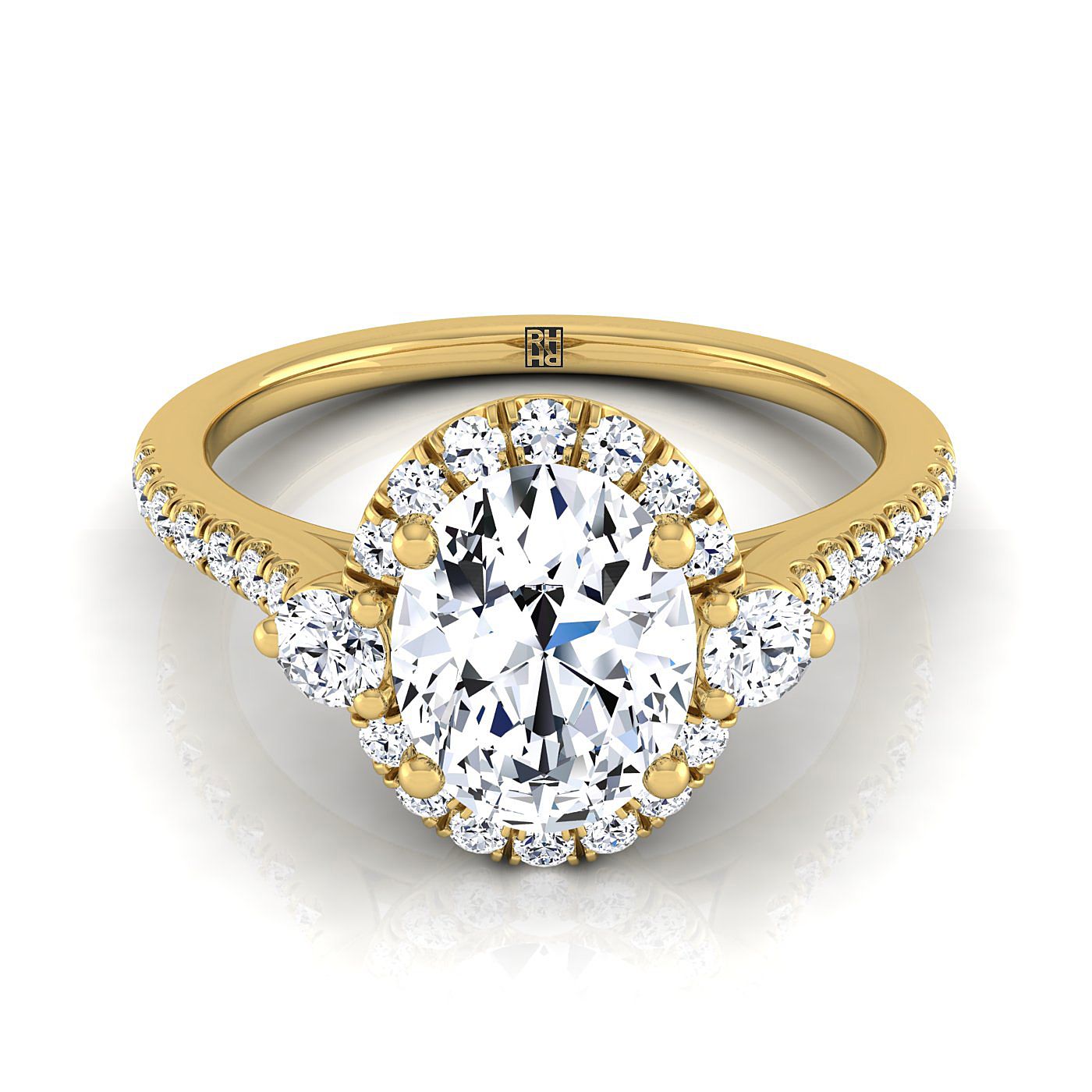 14K Yellow Gold Oval Diamond Three Stone Delicate Halo Engagement Ring -1/3ctw