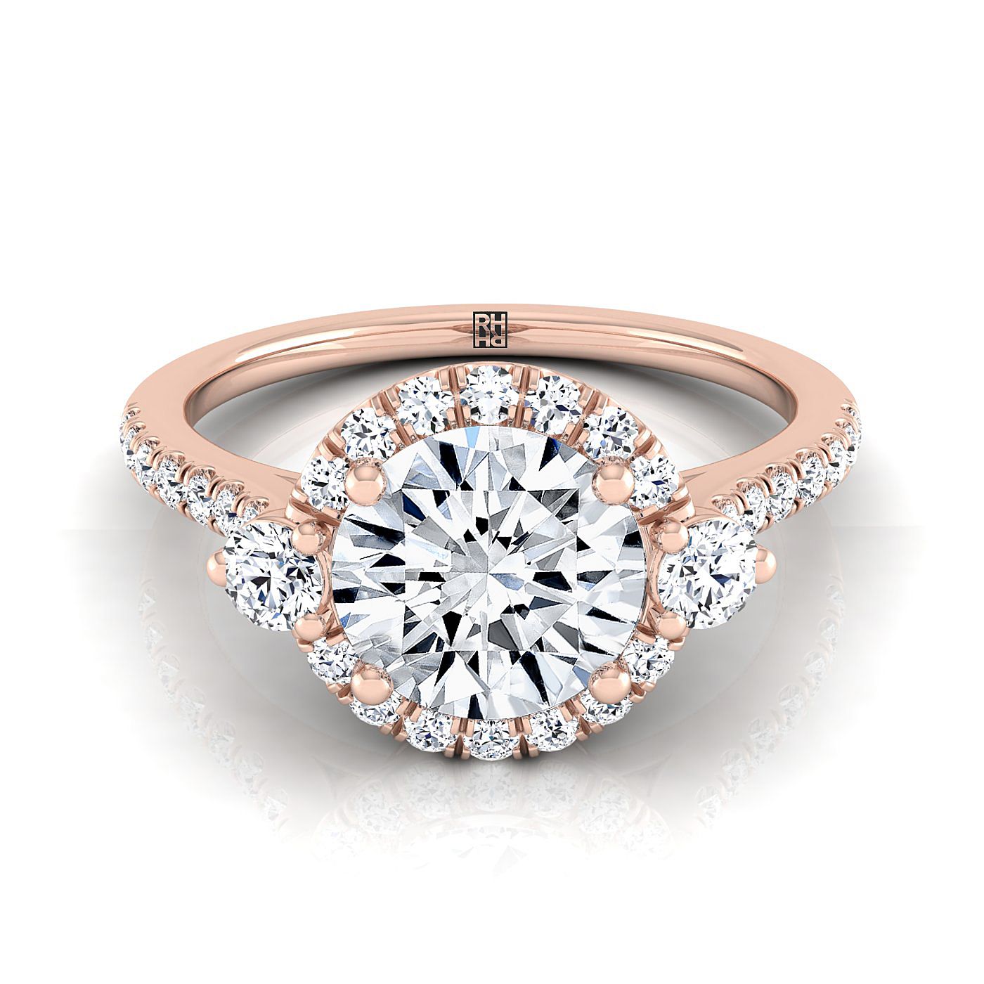 14K Rose Gold Round Brilliant Diamond Three Stone Delicate Halo Engagement Ring -1/3ctw
