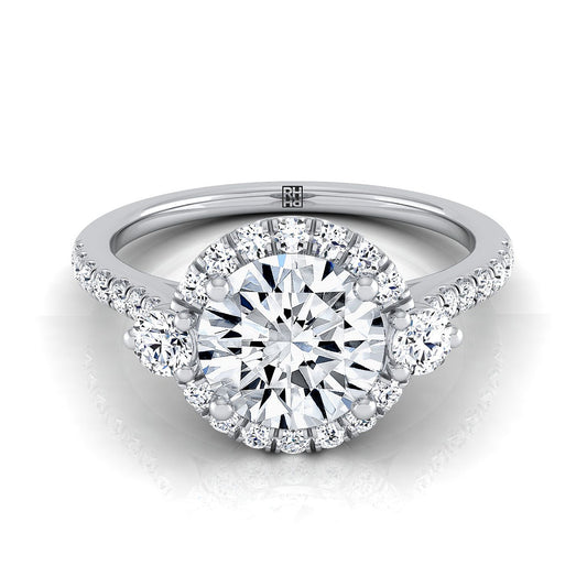 18K White Gold Round Brilliant Diamond Three Stone Delicate Halo Engagement Ring -1/3ctw