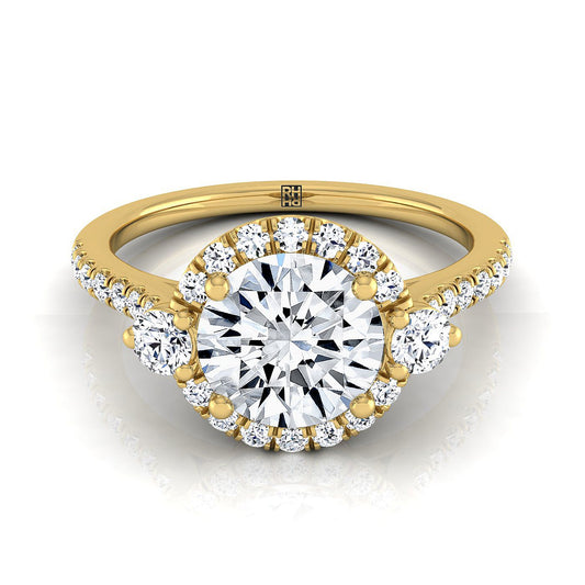 18K Yellow Gold Round Brilliant Diamond Three Stone Delicate Halo Engagement Ring -1/3ctw