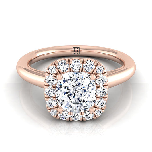 18K Rose Gold Cushion Diamond Sophisticated and Simple Halo on a High Polished Engagement Ring -1/4ctw